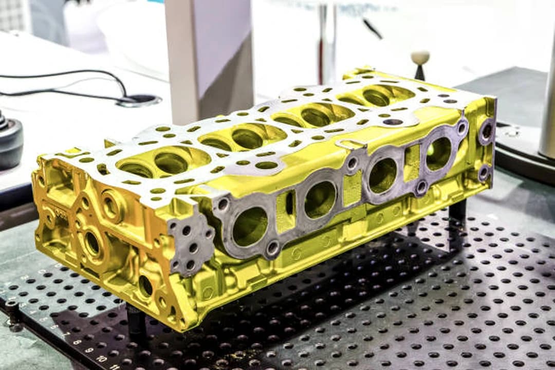 A cylinder head set up for measurement and inspection before repair at Brilliant Motors Garage, Welling